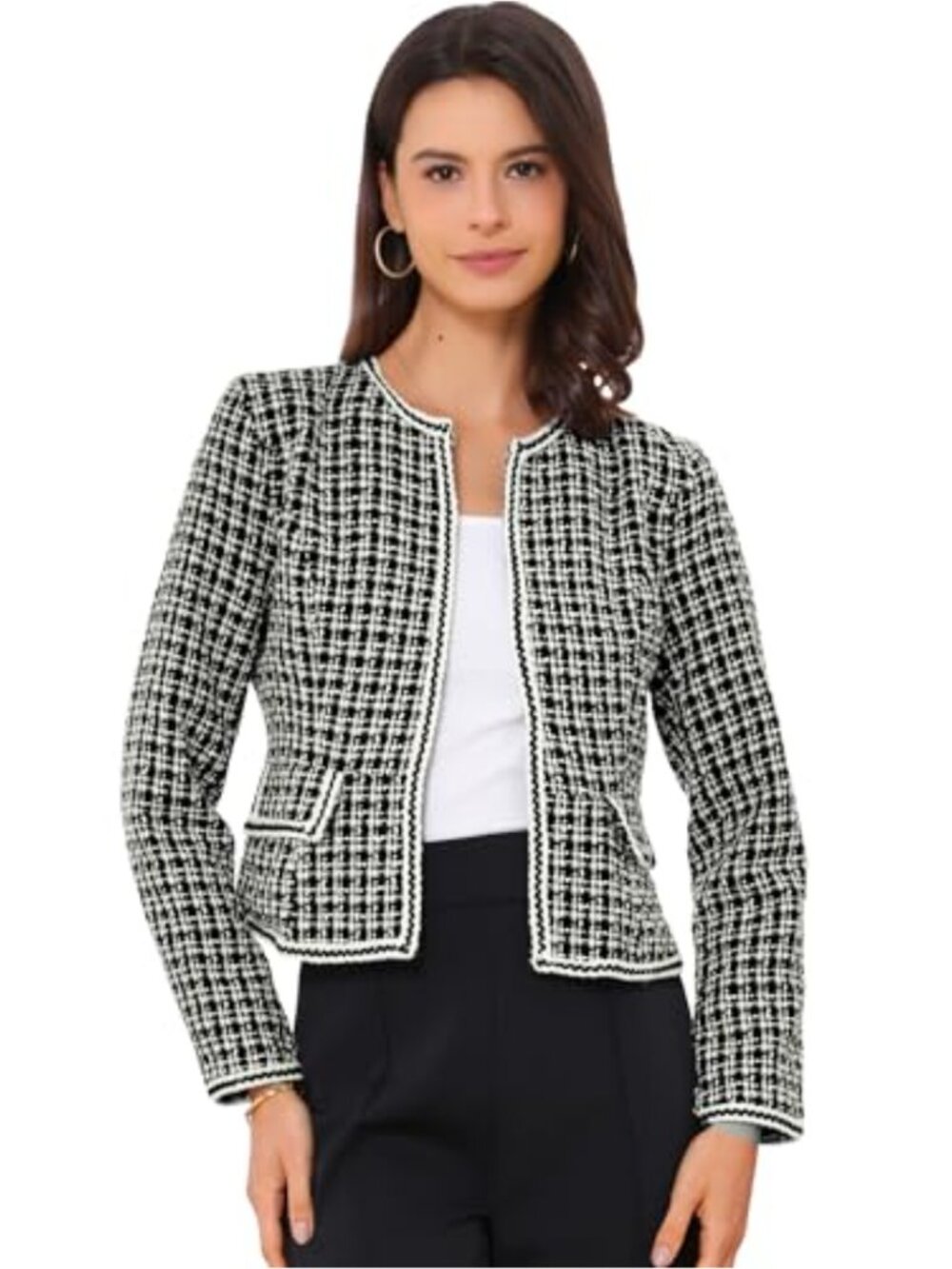 Plaid Tweed Long Sleeve Open Front Office Blazer Jacket